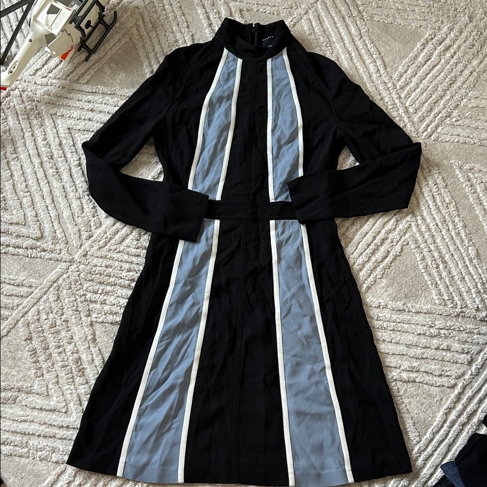 Longchamp Elegant Black and Blue Striped Dress